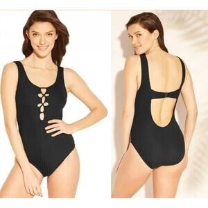 Kona Sol One Piece Swimsuit Black Ribbed Scoop Neck Lace Up Front Padded XS NWT